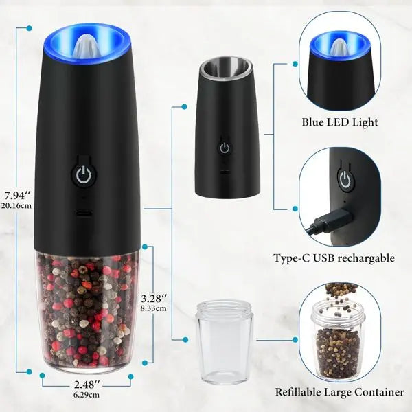 Electric Rechargeable Salt Pepper Grinder Set LED Light Adjustable Coarseness One-Hand Operated Spice Shaker for Kitchen for
