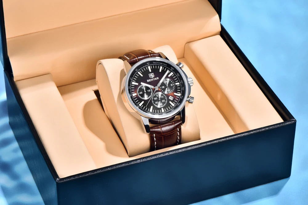 2025 New Men's Watch BENYAR Luxury Quartz Watches For Man Fashion Man Gifts Complete Calendar Top PU Leather Sport Watches Clock