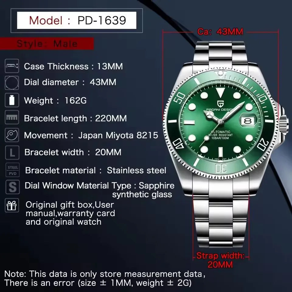 Pagani Design Mechanical Watch PD-1639 Japanese Movement Sapphire Glass Diver Style Elegant Timepiece for Men Automatic watches