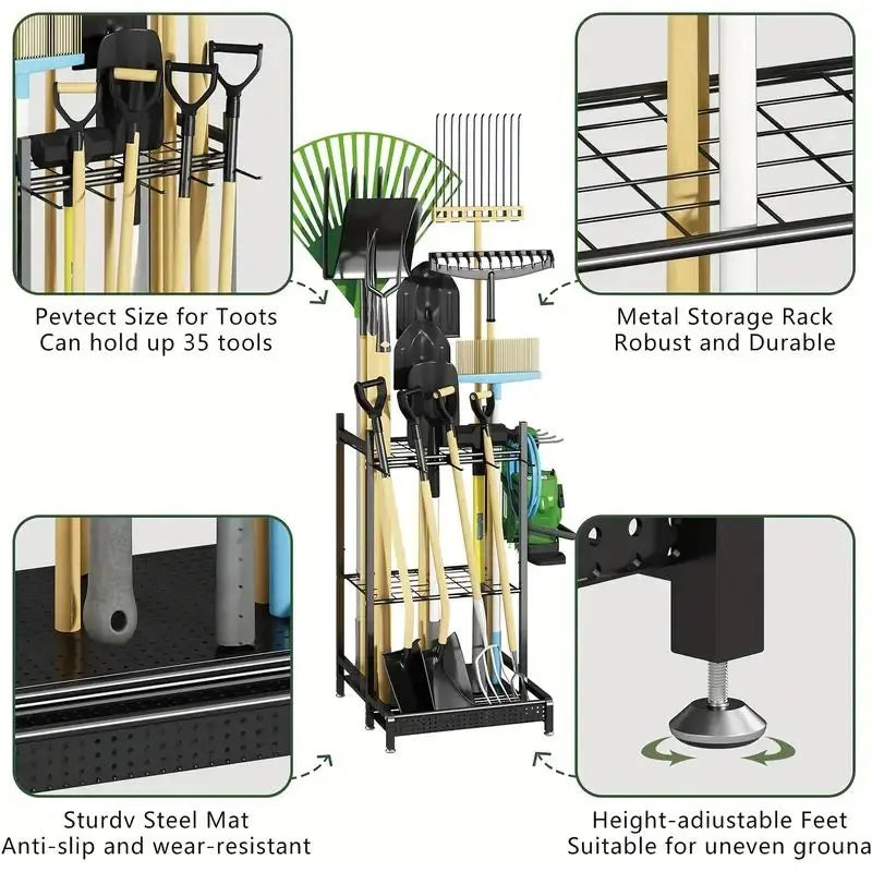 Heavy Duty Black Metal Garden Tool Organizer Rack Long-Handled Hooks Durable Outdoor Storage Stand for Shovels Brooms Tools for