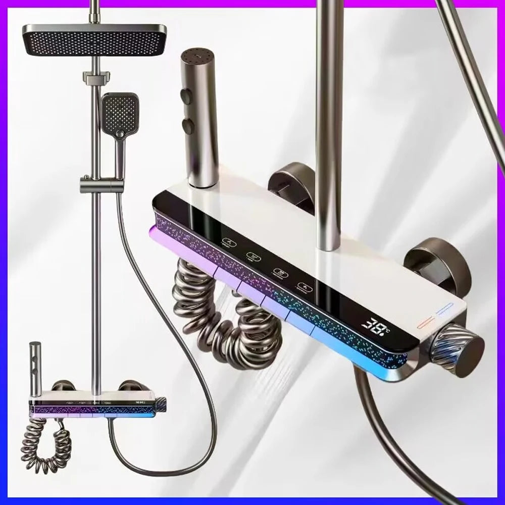 Shower System Bathroom Shower Set Bathtub Hot And Cold Shower Faucet LED Light Digital Display Brass Faucet Piano Key Shower Set