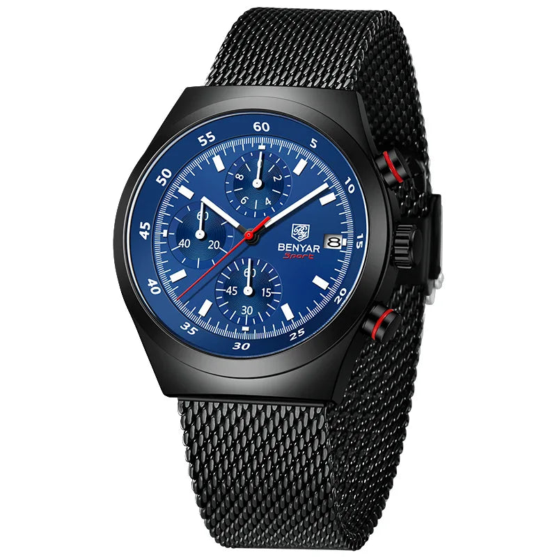 Benyar Men's Quartz Watch Simple Design Waterproof Chronograph Sports Watch Luminous Timer Stopwatch Business Wristwatch For Man