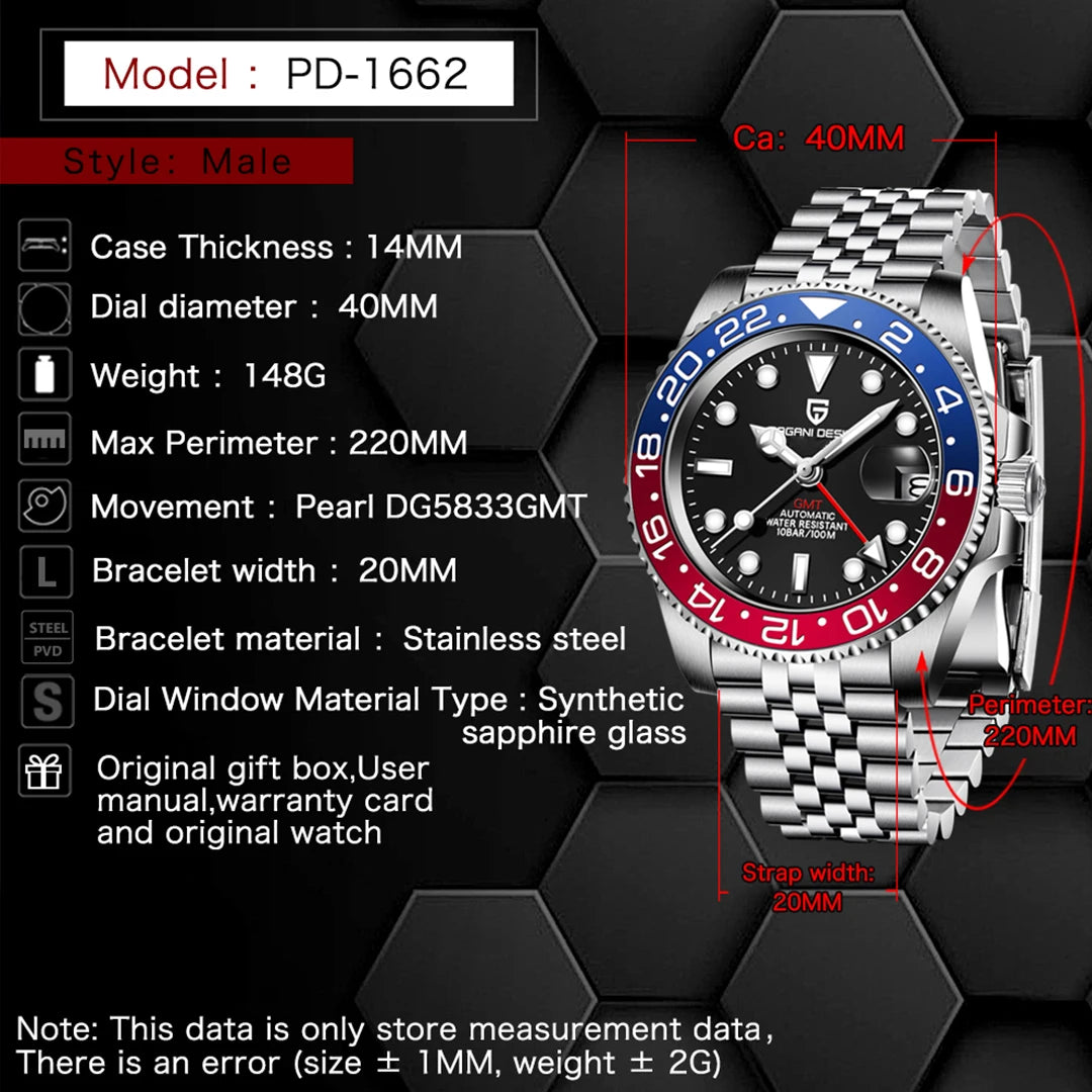 PAGANI DESIGN New GMT Men's Watch Luxury Sapphire Automatic Mechanical Watch 40MM Stainless Steel 100M Waterproof Watch