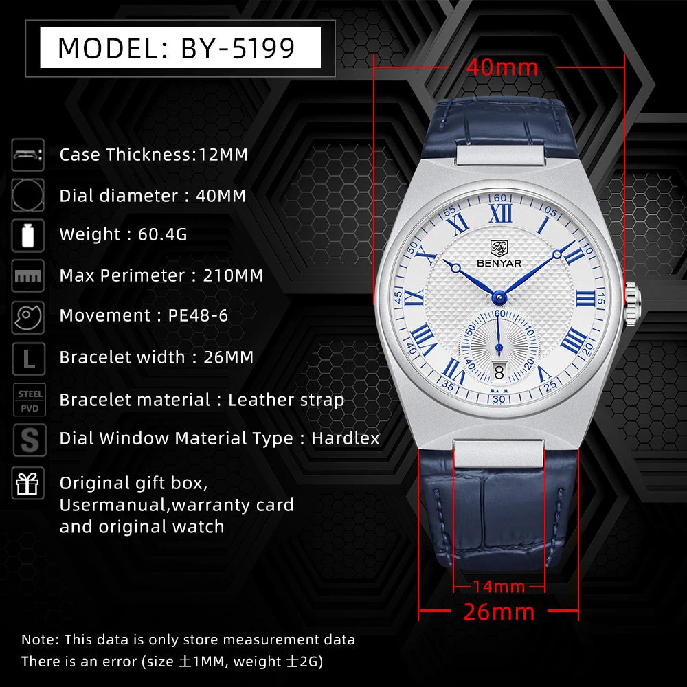 BENYAR Men's Watches Retro Dial Quartz Watch For Men Luxury 40MM Military Leather Original Watches Waterproof Clock Reloj Hombre