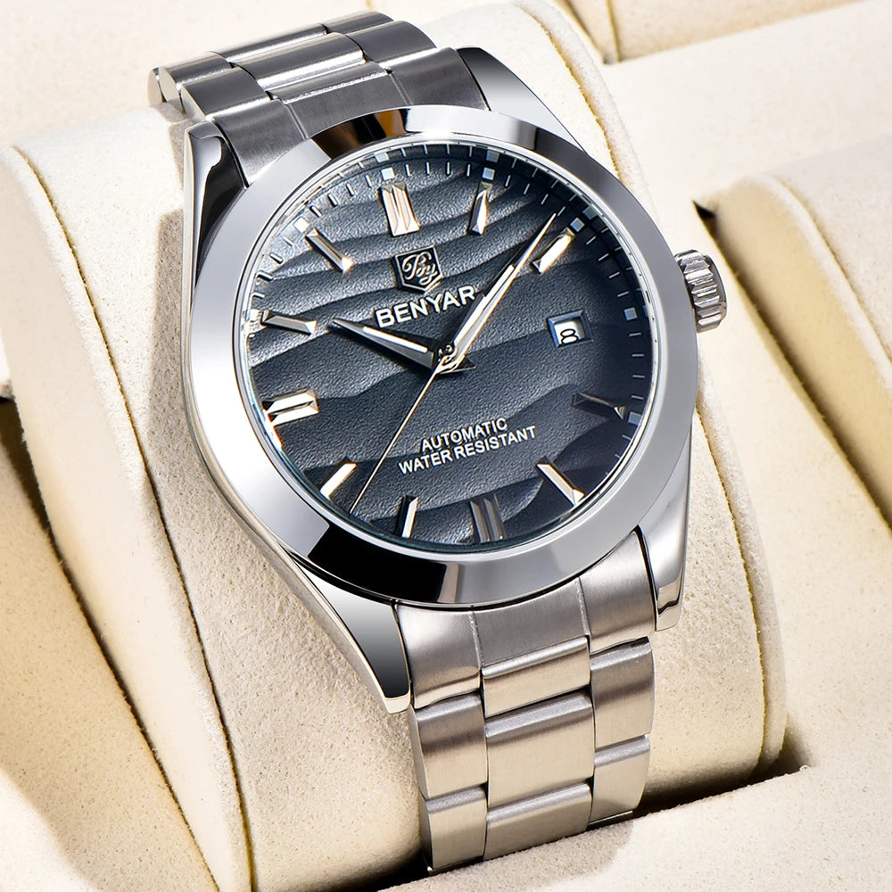 BENYAR 2024 New 40MM Desert Texture Luxury Men's Night Light Stainless Steel Men's Automatic Mechanical Watches BY-5208 Reloj