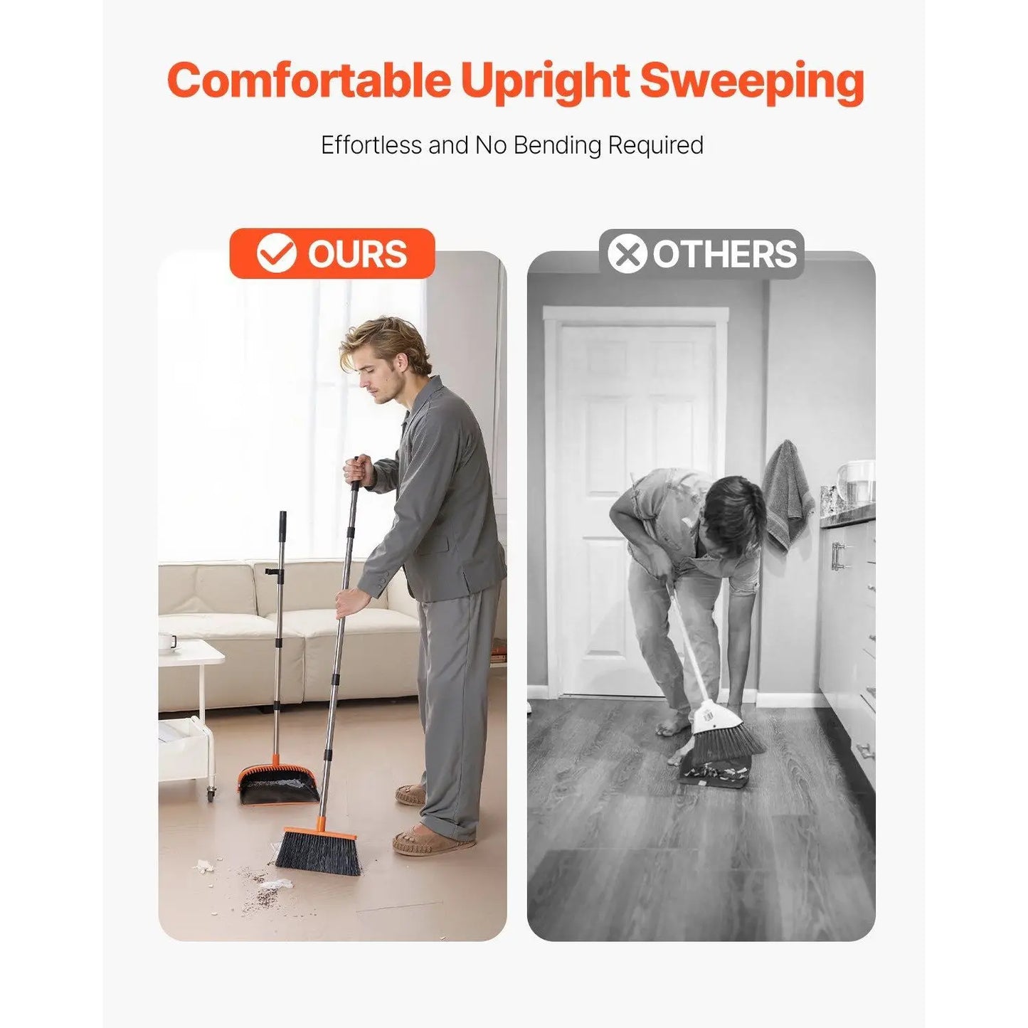 Heavy Duty Black Orange Broom Dustpan Set Self-Cleaning Teeth Upright Metal Dust Pan Long Handle for Home Restaurant Office Dorm
