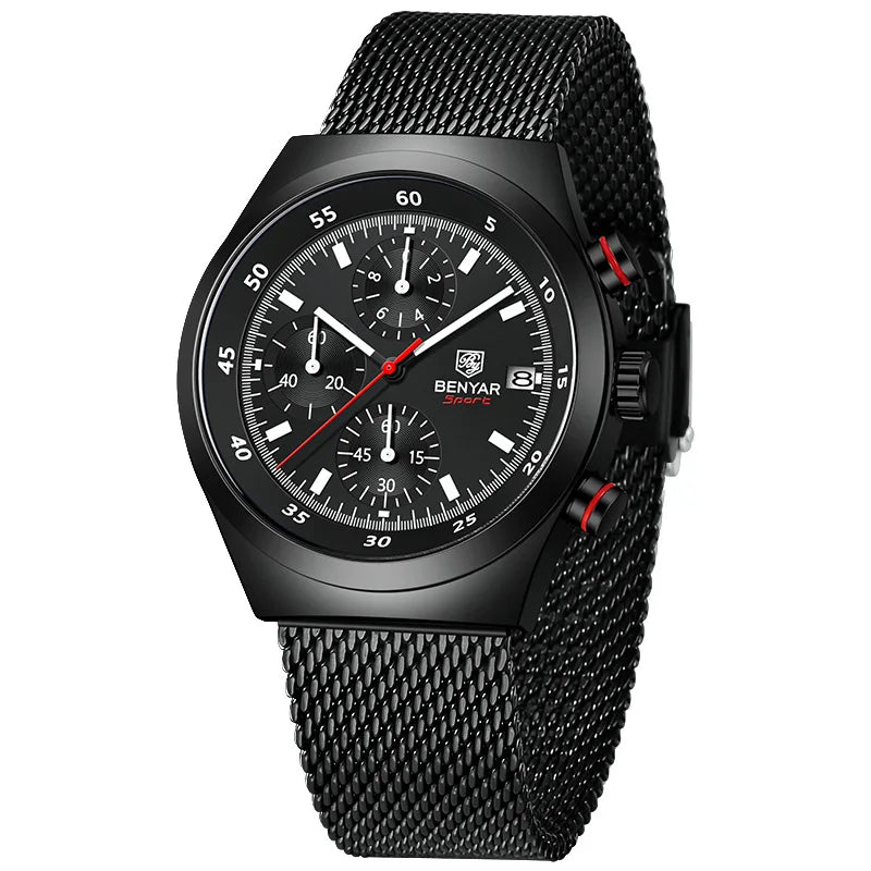 Benyar Men's Quartz Watch Simple Design Waterproof Chronograph Sports Watch Luminous Timer Stopwatch Business Wristwatch For Man