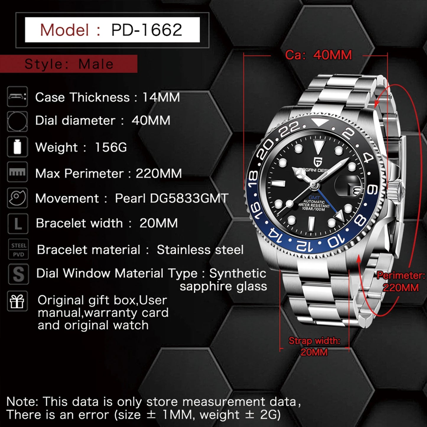 PAGANI DESIGN New GMT Men's Watch Luxury Sapphire Automatic Mechanical Watch 40MM Stainless Steel 100M Waterproof Watch