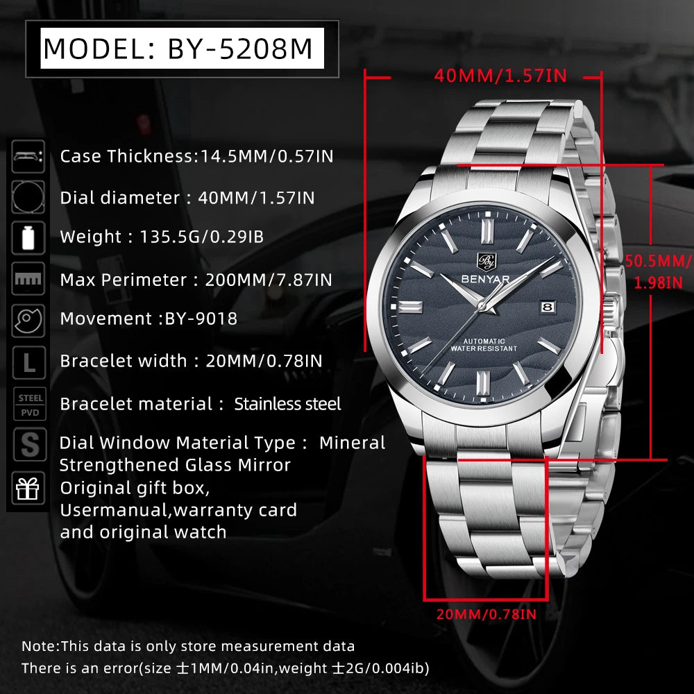 BENYAR 2024 New 40MM Desert Texture Luxury Men's Night Light Stainless Steel Men's Automatic Mechanical Watches BY-5208 Reloj