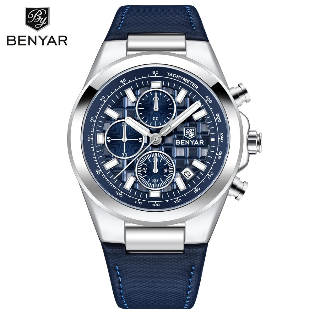 2025 New BENYAR Men's Watches Top Brand Luxury Watch For Men Chronograph Quartz Wristwatch Clock Waterproof Leather Reloj Hombre