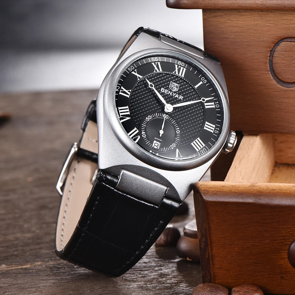 BENYAR Men's Watches Retro Dial Quartz Watch For Men Luxury 40MM Military Leather Original Watches Waterproof Clock Reloj Hombre
