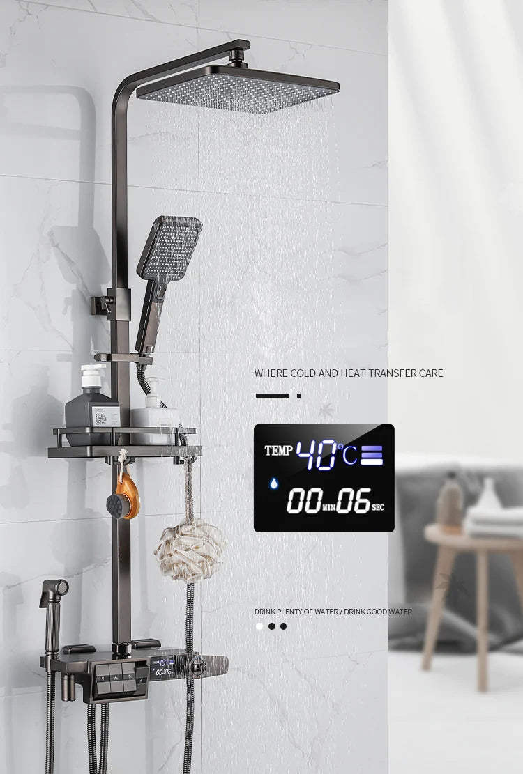 Grey Thermostatic Piano Digital Bathroom Shower Set 12 Inch Rain Shower Head Hot Cold Digital Bathroom Shower Set Accessories