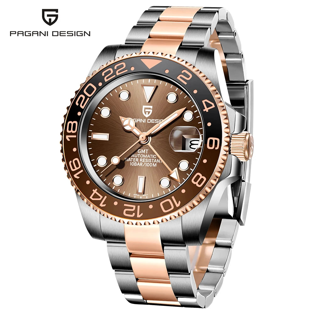 PAGANI DESIGN New GMT Men's Watch Luxury Sapphire Automatic Mechanical Watch 40MM Stainless Steel 100M Waterproof Watch