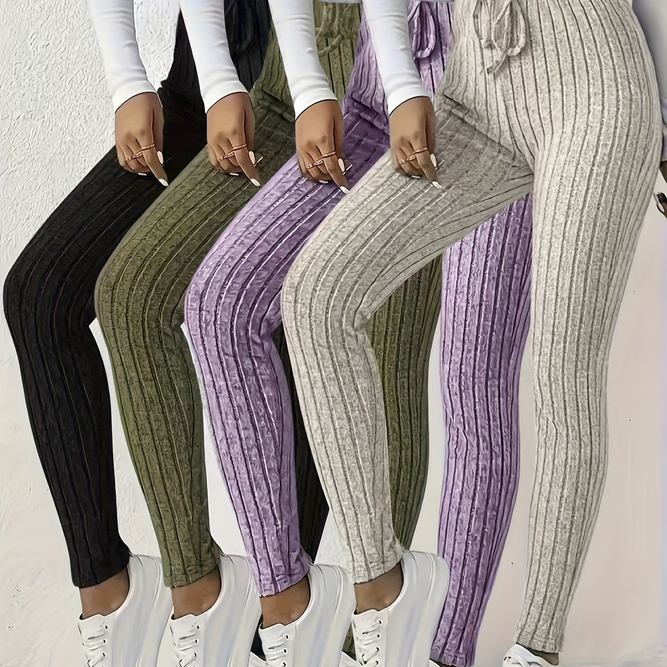 4pcs Women'S High-Waisted Leggings - Sexy Ribbed Design, Stretchy & Comfortable, Solid Colors (Black, Green, Purple, Beige) for Fall/Winter, Perfect for Running & Casual Wear, High Waisted Leggings