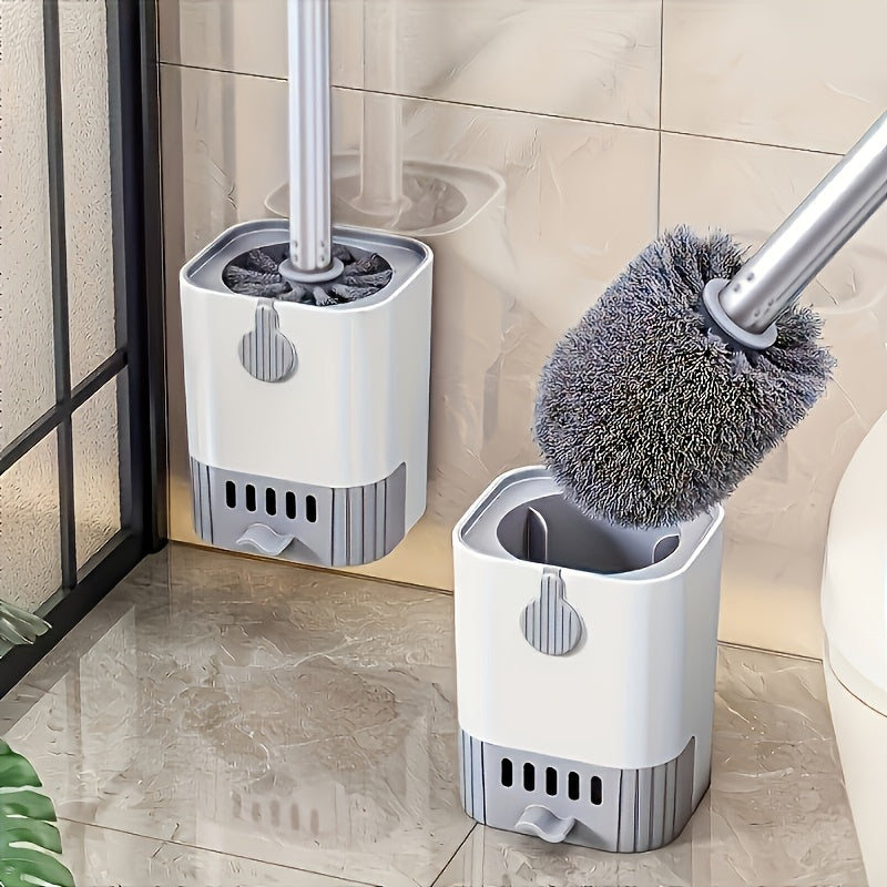 A wall mounted toilet brush set with a long handle - soft silicone bristles, no dead corners, equipped with a paper towel rack, manual non electric, space saving design