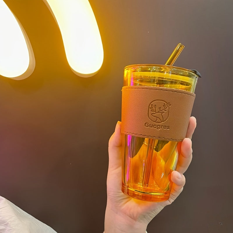 Chic Bamboo-Inspired Glass Coffee Mug with Straw - Large Capacity, Minimalist Design for Coffee & Milk Tea