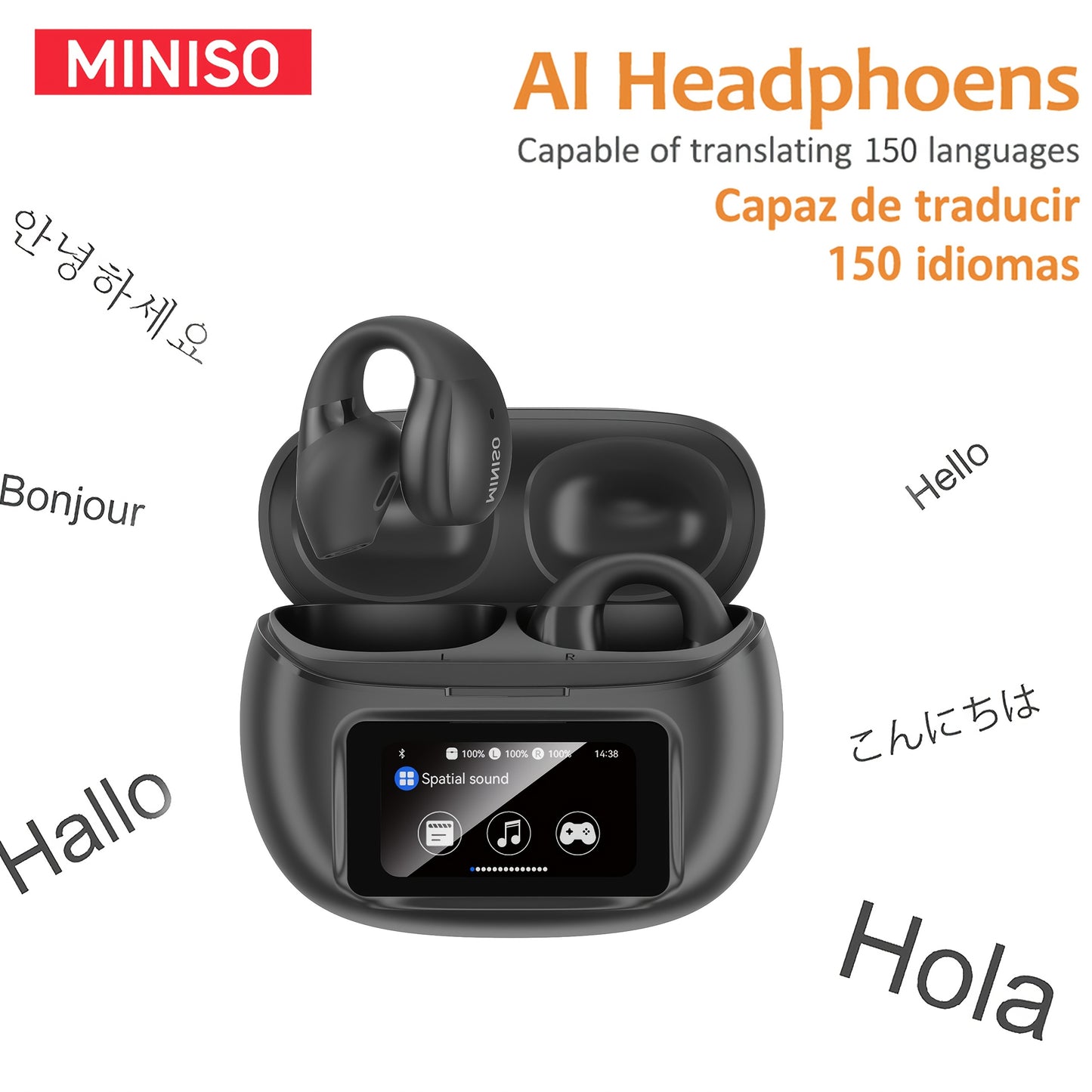 Miniso X29 Open-Ear Wireless Earbuds with Touch Screen & Full Color Display, HiFi Sound, Long Range Wireless Headphones, -C Charging Case, Built-in Mic, Compatible with / Smartphones, Compatible with 150+ Apps (Spanish/Englis
