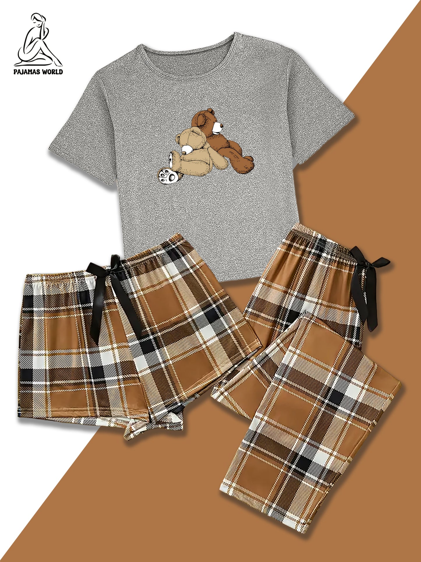 Women'S Casual Cartoon Bear & Plaid Pajama Set - Soft, Loose-Fit Short Sleeve Top with Elastic Waistband, Long Pants & Shorts, Cozy Fall/Winter Sleepwear