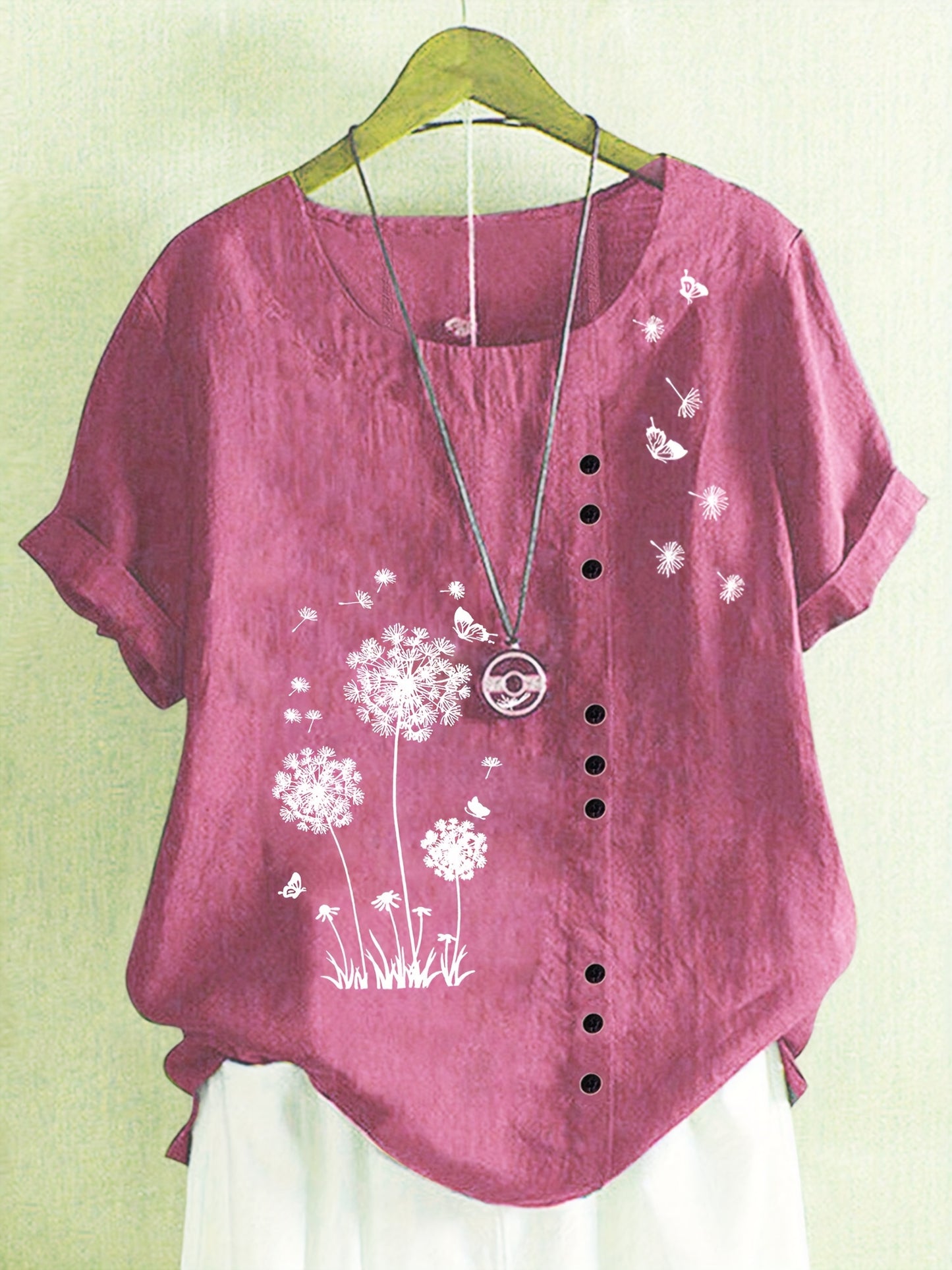 Dandelion Print Button Decor T-Shirt, Casual Crew Neck Short Sleeve T-Shirt For Spring & Summer, Women's Clothing