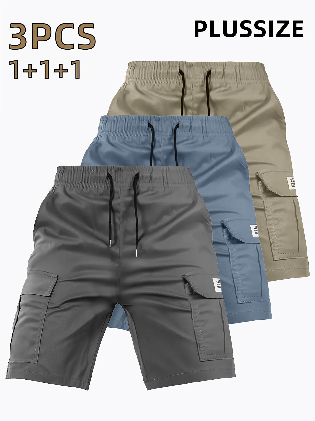 3pcs Men'S Heavy-Duty Work Shorts - Non-Stretch Fabric Cargo Pants with Multiple Utility Pockets, Drawstring Waist - Available in Navy/Gray/ - Ideal for Construction, Outdoor, Everyday Casual Wear - Plus Size Friendly, Outdoo