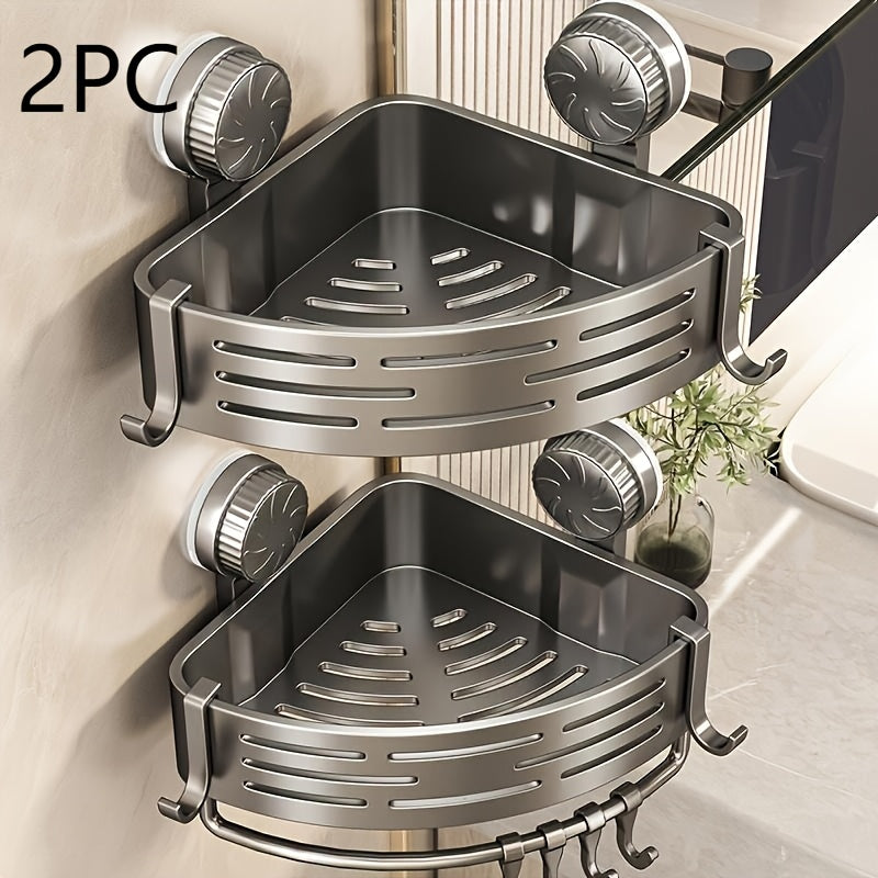 2pcs Wall-Mounted Corner Shower Caddies - No-Drill, Durable Plastic Bathroom Organizer with Multiple Compartments for Shampoo, Conditioner & Body Wash - Space-Saving Design for Shower & Sink Countertops, Shower Caddies for Ba