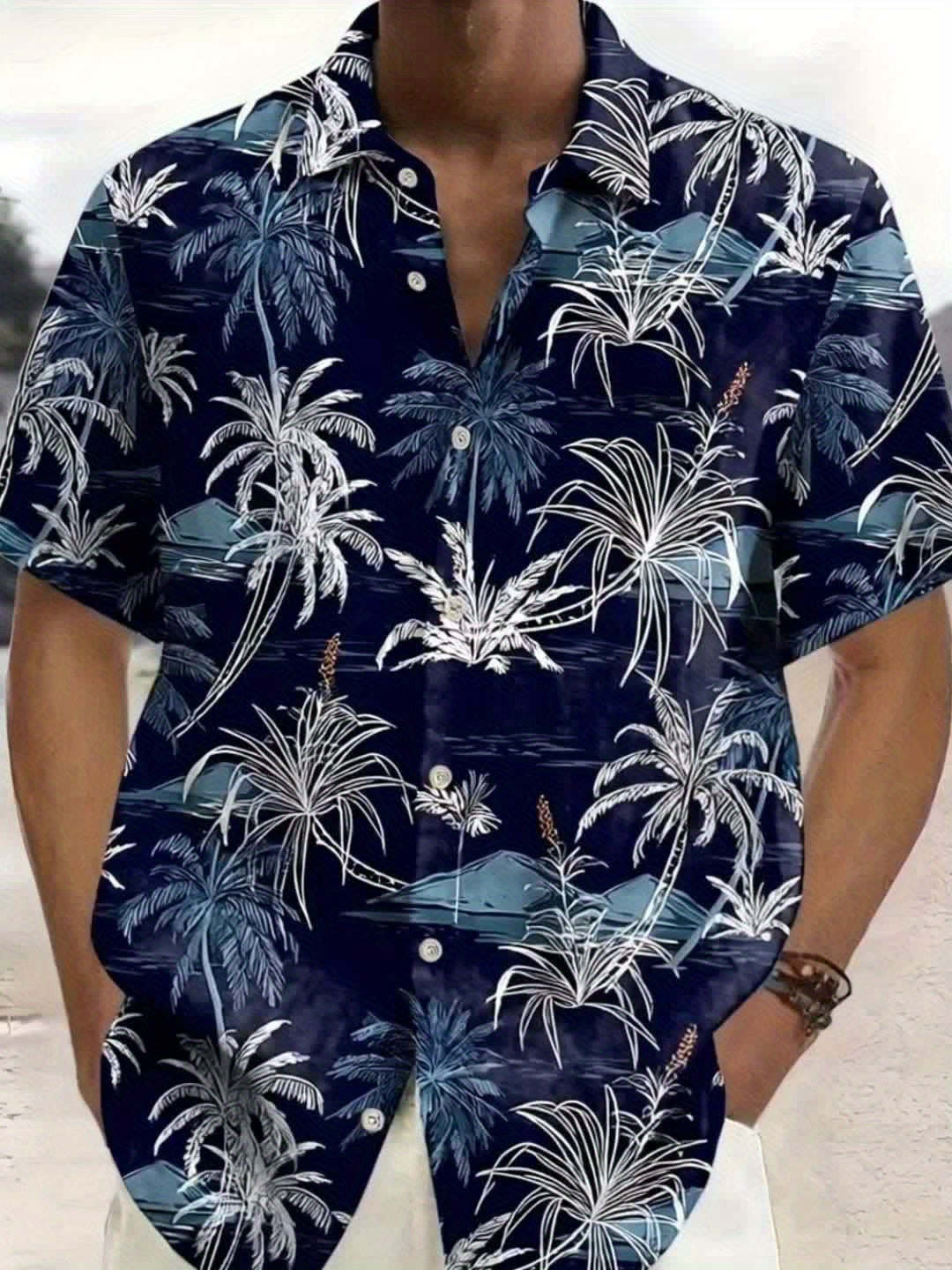 Men'S Casual Hawaiian Shirt with Coconut Tree Print, 100% Polyester, Short Sleeve, Button Front, Lapel Collar, Regular Fit, Woven Fabric, 110gsm - Spring/Summer Beachwear, Plus Size