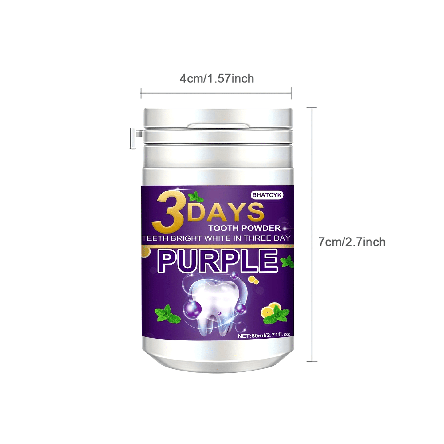 BHATCYK 3 Days Purple Teeth Whitening Powder, Fresh Mint Flavor, 80ml/2.71oz, Teeth Polishing and Deep Cleaning Powder for Brighter Smile, Suitable for Daily Use and Travel