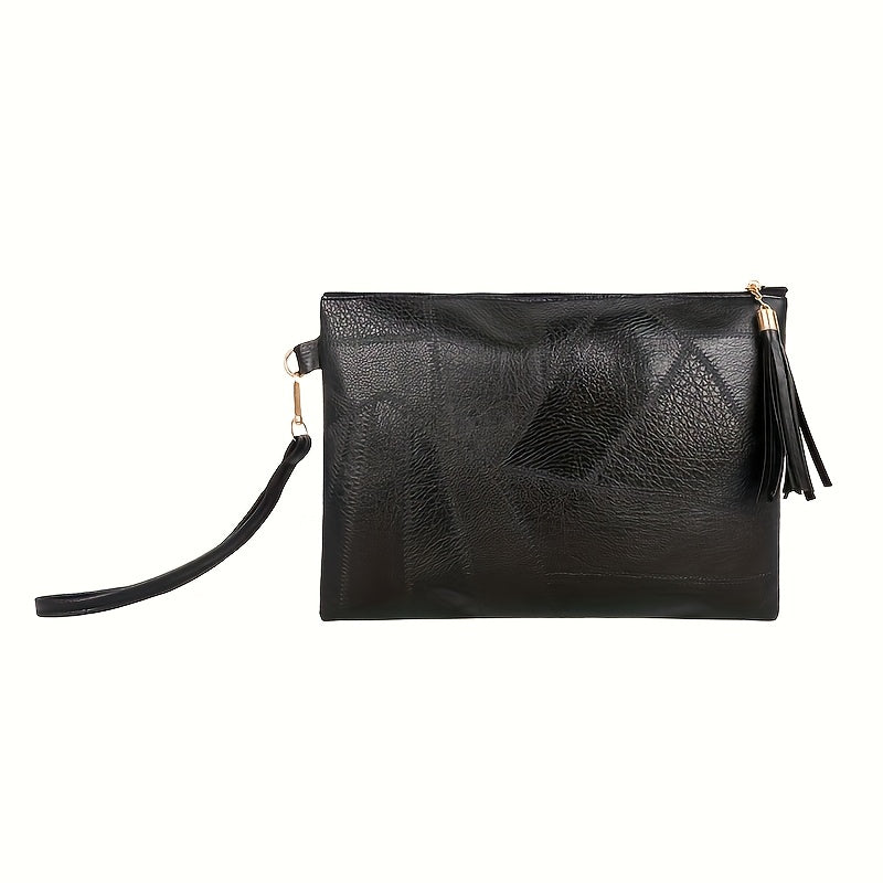 Women's Vintage Handbag & Wallet Clutch - Detachable Strap & Zipper Closure, Tassel Fringe Tassel Chain Strap, Golden-Tone Hardware, Deep Brown/Black Retro Wallet Purse for Everyday & Formal Events, Lining, Geometric Pattern,