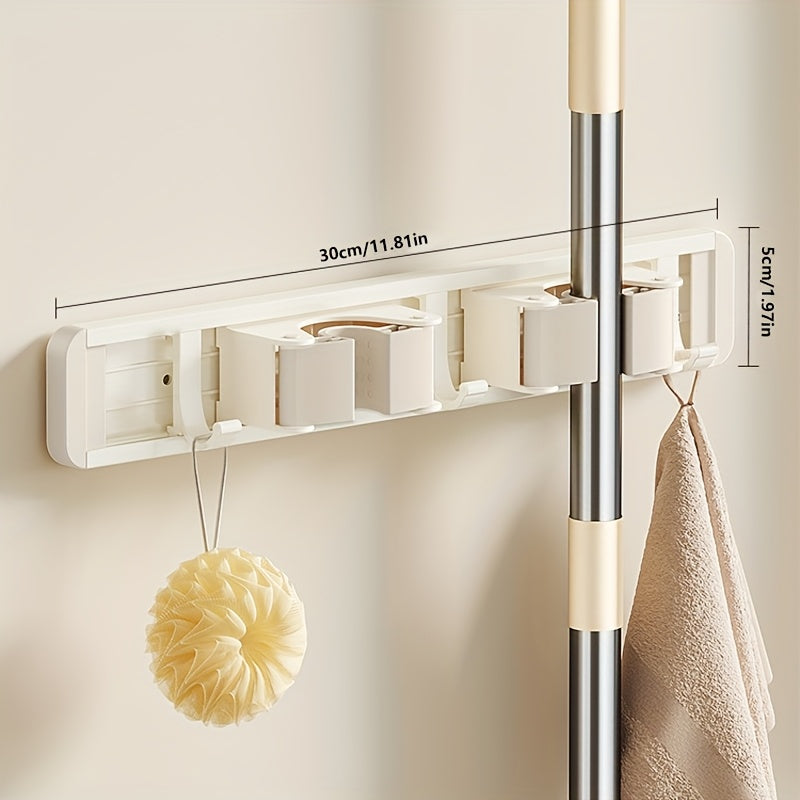 Bathroom Storage Rack Metal Mop & Broom Holder with Adjustable Hooks, Wall-Mounted Storage Organizer for Home, Kitchen, Garden, Laundry, Garage - Lacquered, Space-Saving Shelf for Mops, Brooms, Tools, Shelves