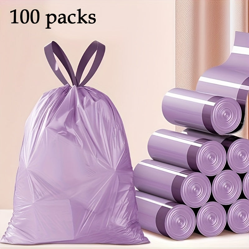 100 Purple Drawstring Trash Bags, High-Quality Plastic Waste Bags for Kitchen, Bathroom, Bedroom & Home Use - Portable Waste Disposal, Multipurpose, Disposable, Plastic Material, 20 Capacity, Kitchen Trash Bags | Decorative T