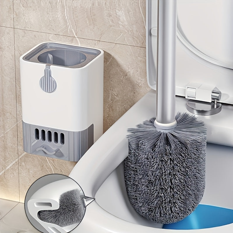 A wall mounted toilet brush set with a long handle - soft silicone bristles, no dead corners, equipped with a paper towel rack, manual non electric, space saving design