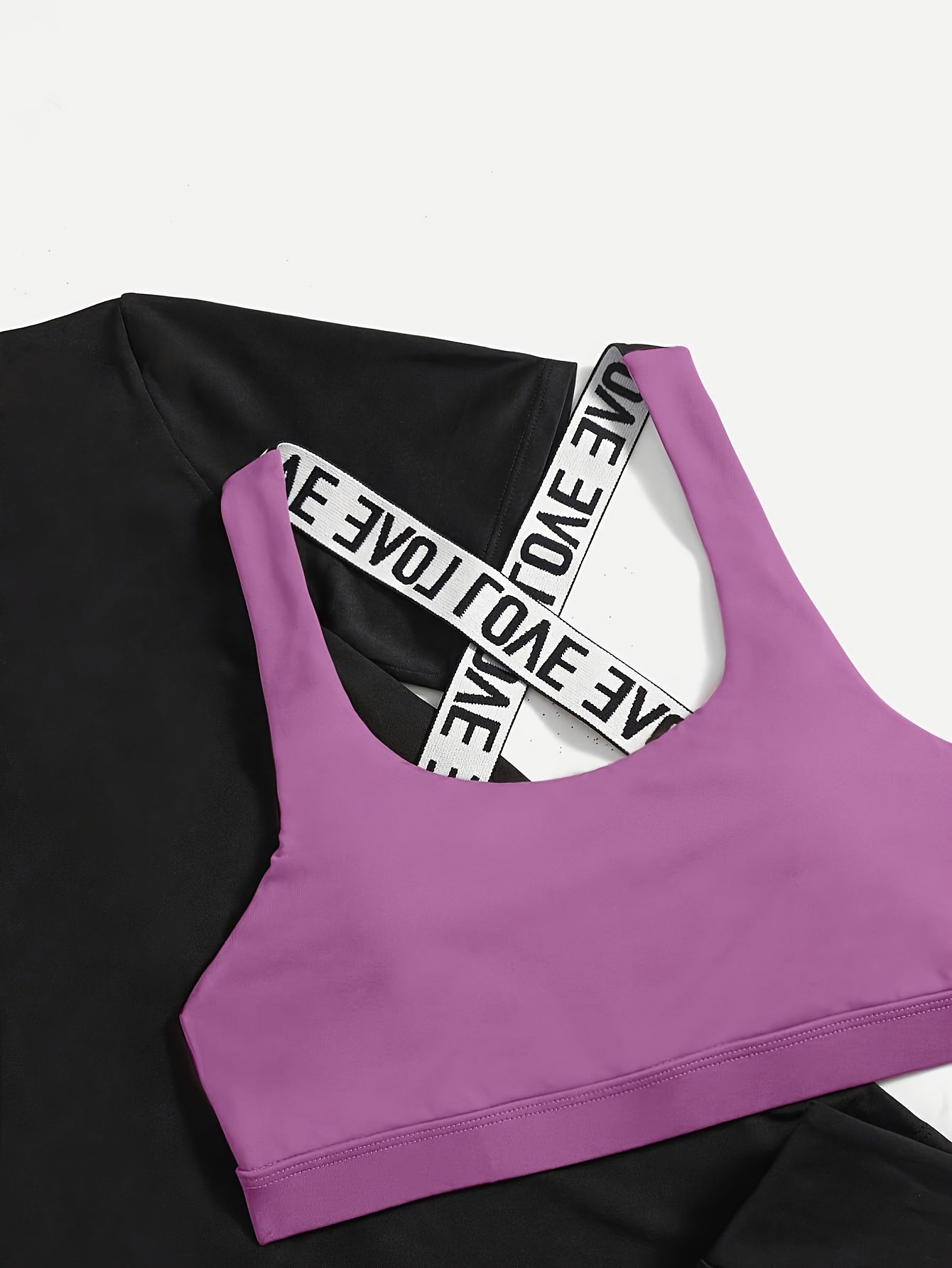 3pcs Women's Yoga Set in Black & Purple - High-Stretch, Sleeveless Sports Bra with Crisscross Straps, Short Sleeve Top & Leggings - Polyester & Elastane Blend, Machine Washable