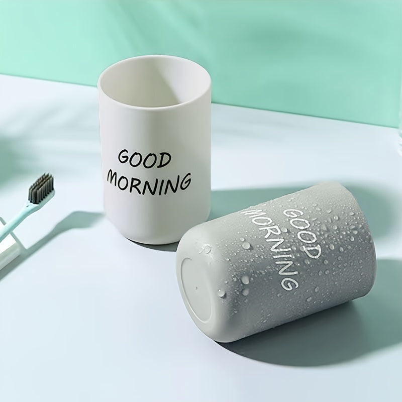 1pc Minimalist Plastic Toothbrush Cup, "Good Morning" Printed Family Bathroom Rinse Mug, Creative Oral Care Cups, Toothbrush Cup