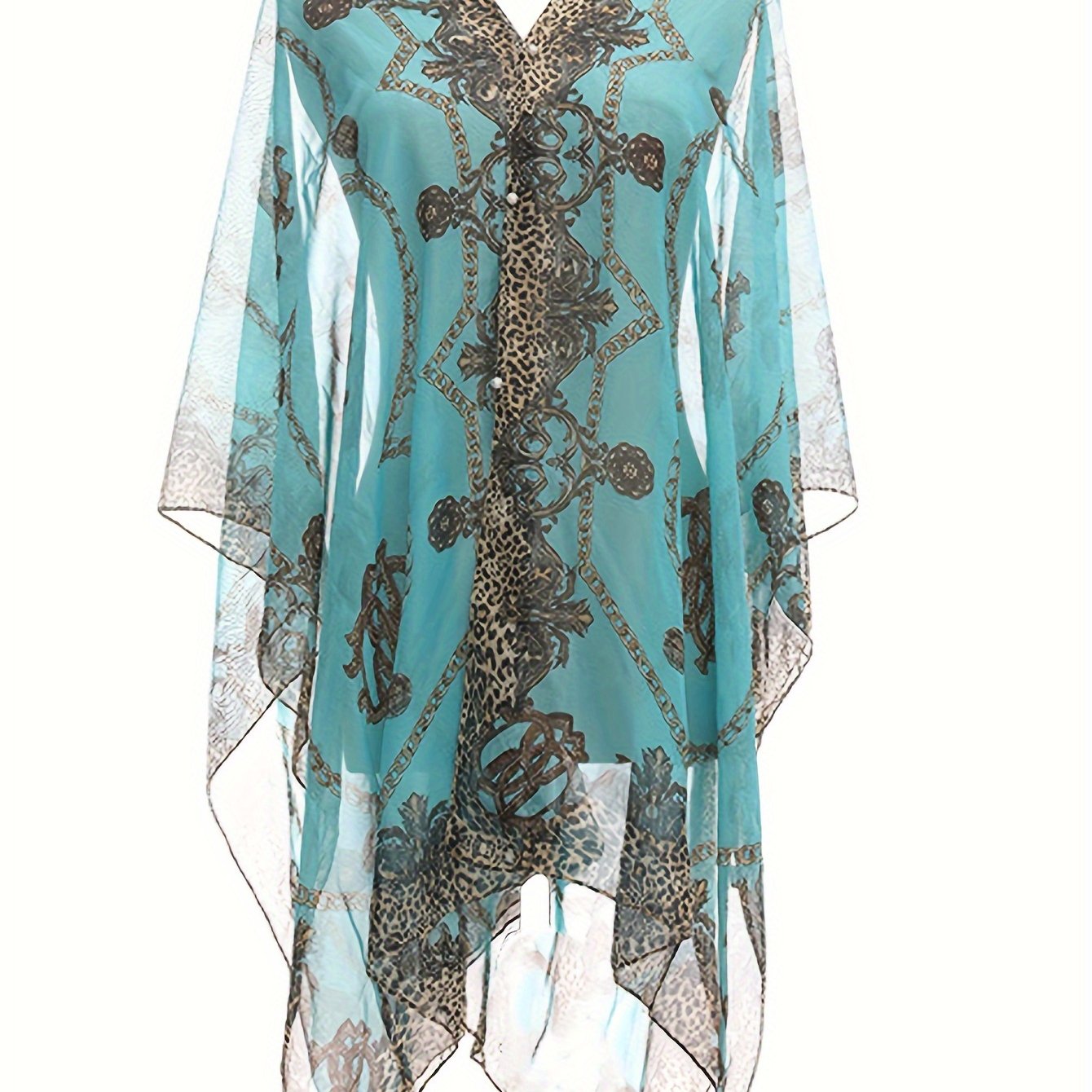 Plus Size Chain Print V Neck Shawl Top, Elegant Long Sleeve Blouse For Spring & Summer, Women's Plus Size Clothing