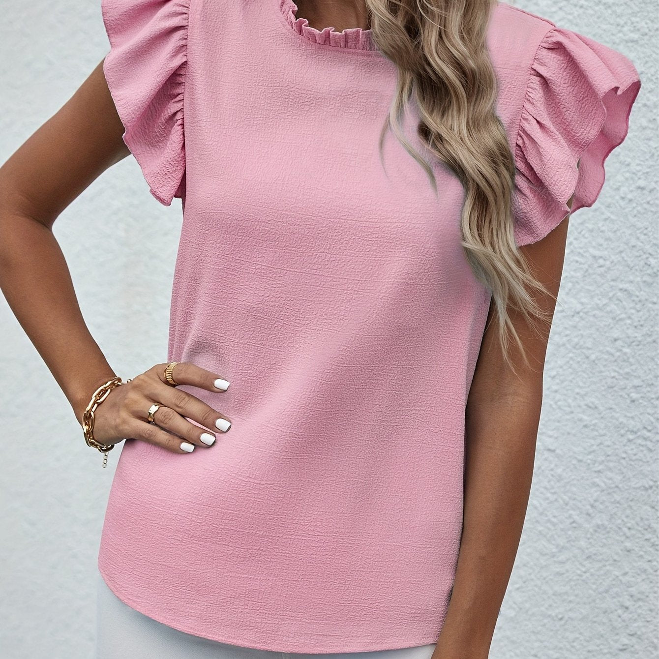 Ruffle Trim Round Neck Blouse, Casual Flutter Sleeve Blouse For Spring & Summer, Women's Clothing Wedding holiday vacation