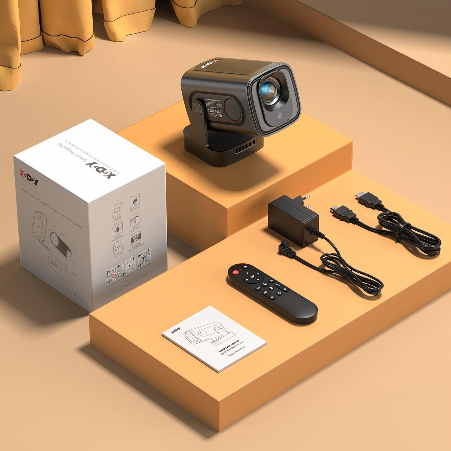 XGODY Gimbal 5 Pro Smart Beamer Black Projector, 350ANSI Brightness Native 1920*1080 Full HD 1080P Support 4K with Remote Control 100-50% Size Zoom And 180° Free Rotation Built-in Android 11.0 System WiFi 6 & Wireless BT 5.4