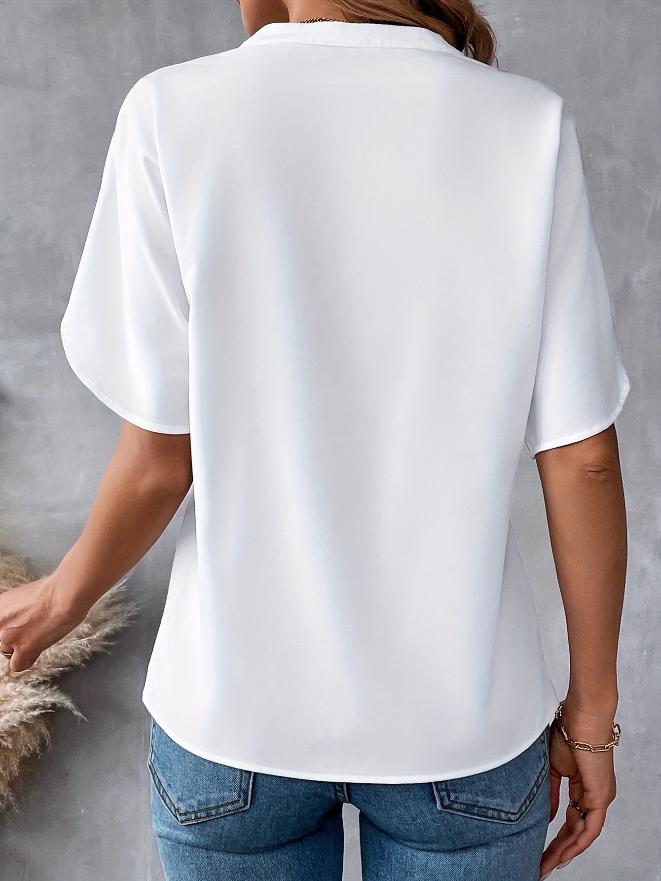 Solid Color Notch Neck Blouse, Casual Short Split Sleeve Blouse For Spring & Summer, Women's Clothing