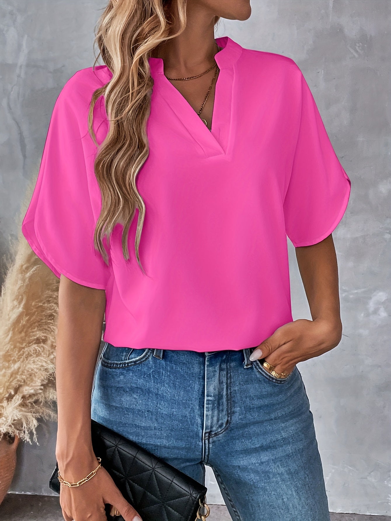 Solid Color Notch Neck Blouse, Casual Short Split Sleeve Blouse For Spring & Summer, Women's Clothing
