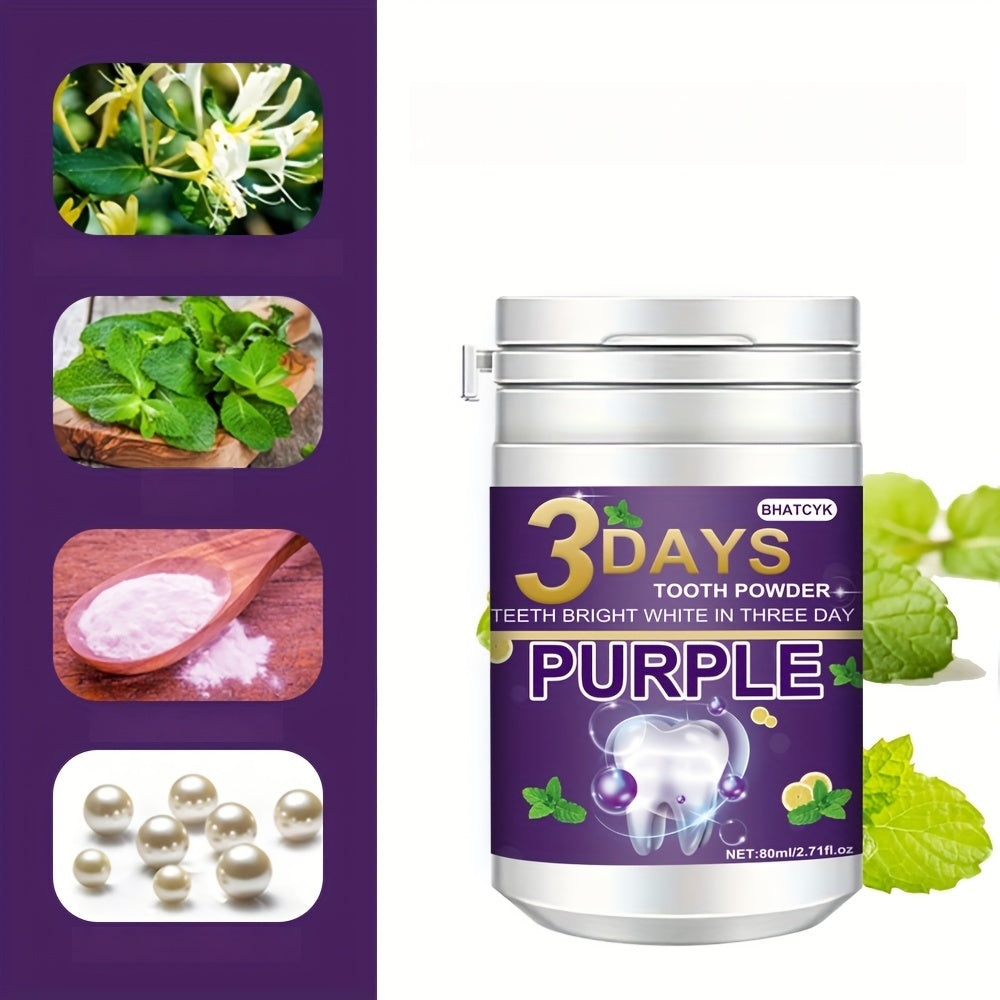 BHATCYK 3 Days Purple Teeth Whitening Powder, Fresh Mint Flavor, 80ml/2.71oz, Teeth Polishing and Deep Cleaning Powder for Brighter Smile, Suitable for Daily Use and Travel