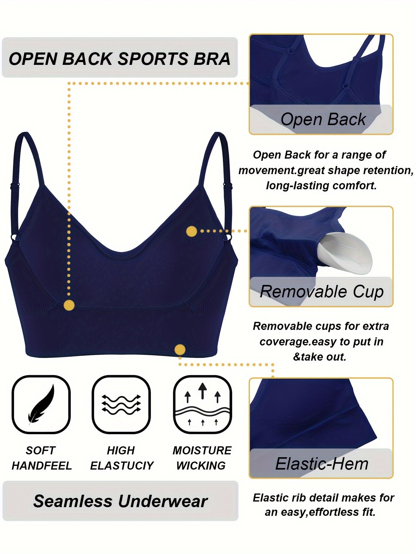 Solid Ribbed Sports Bra, Comfy & Breathable Workout Fitness Intimates Bra, Women's Lingerie & Underwear