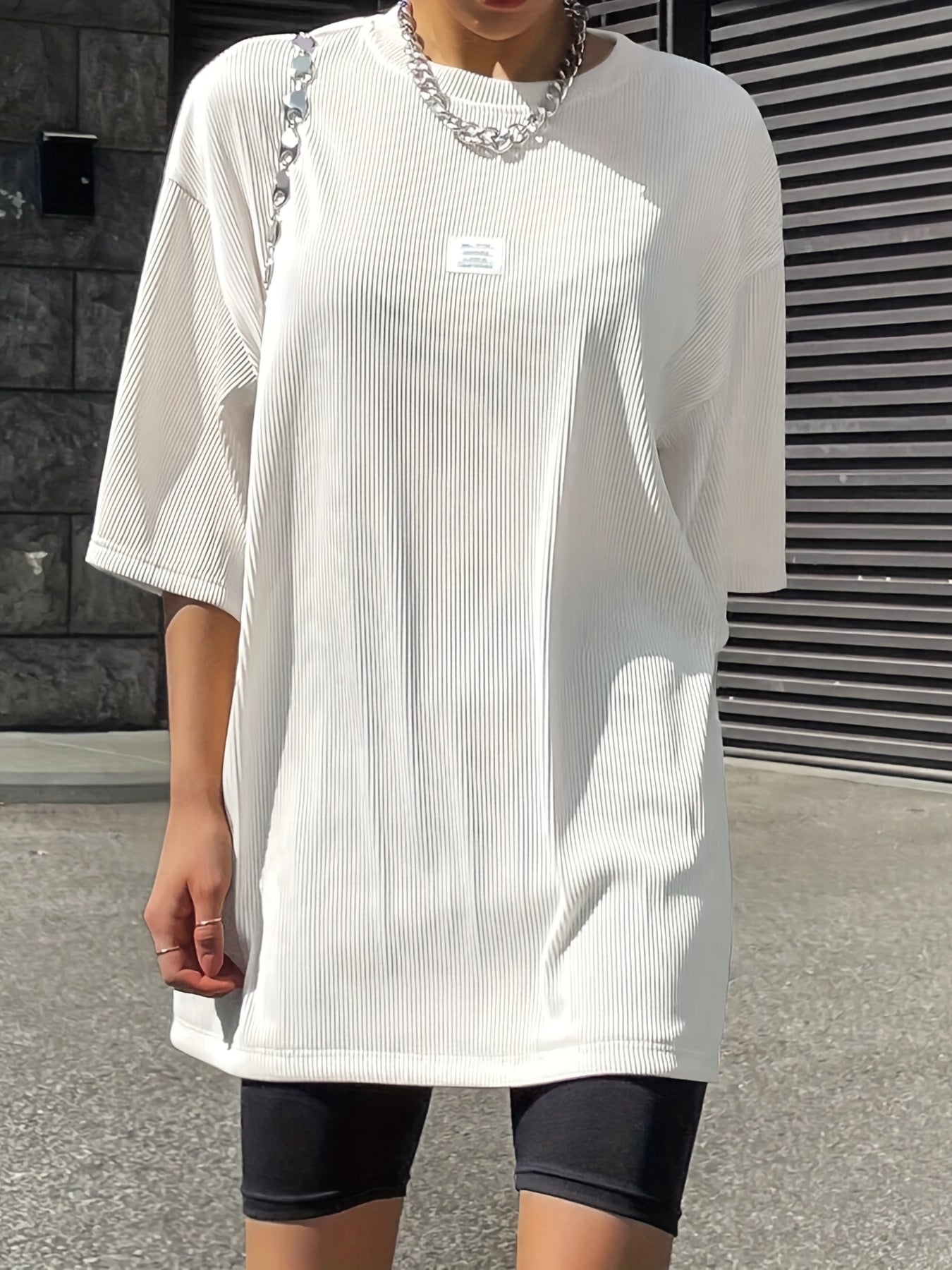 Oversized Drop Shoulder Ribbed T-Shirt, Casual Crew Neck Short Sleeve T-Shirt For Spring & Summer, Women's Clothing