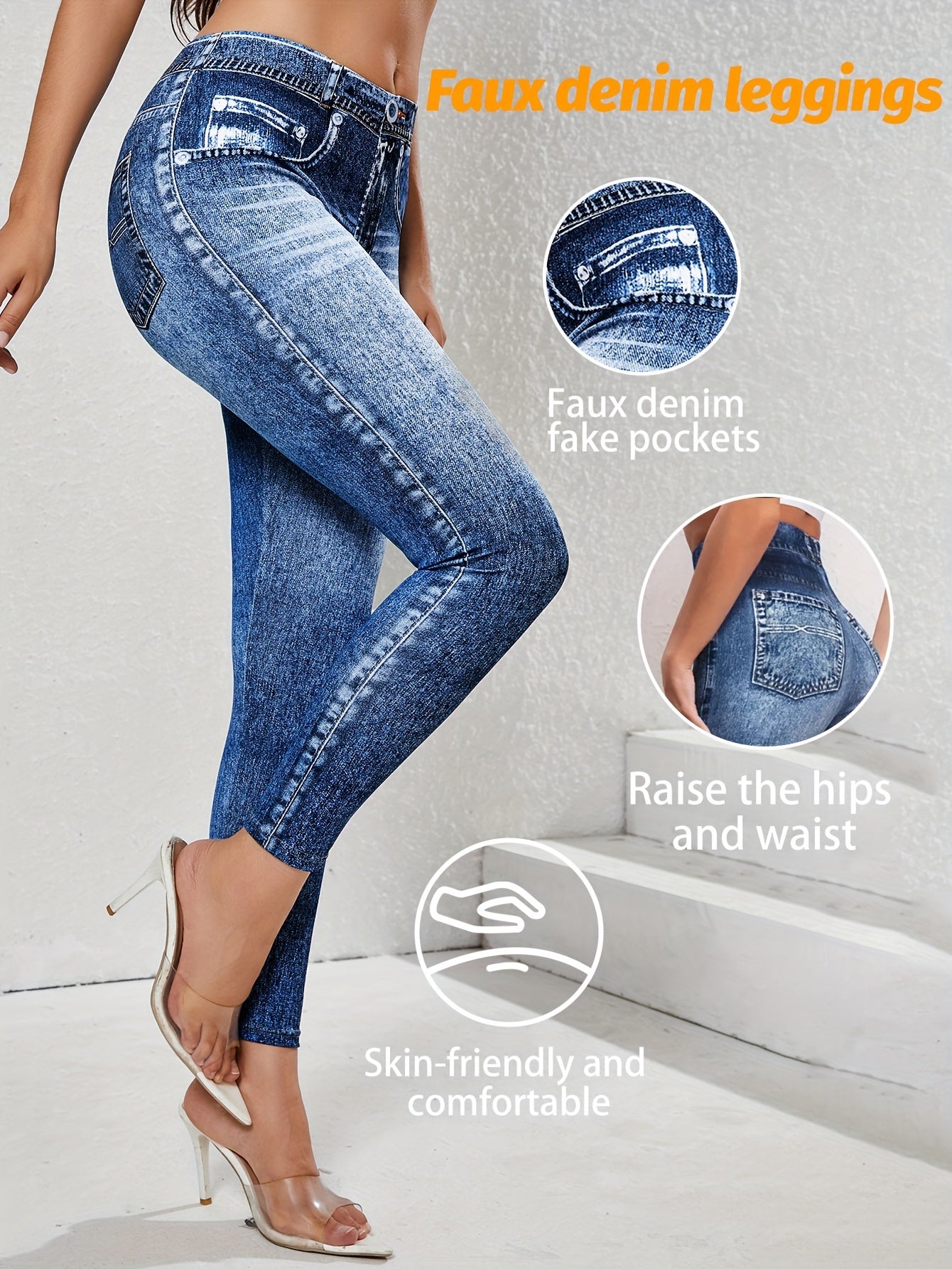 【imitation denim】New Women'S Fashion Casual Trendy Comfortable Breathable High-Waisted Stretchy Blue Faux Denim-Like Printed Leggings for Daily Commuting, Enhancing The Hips And Waist, Women'S Base Layer Pants, Fitted Leg