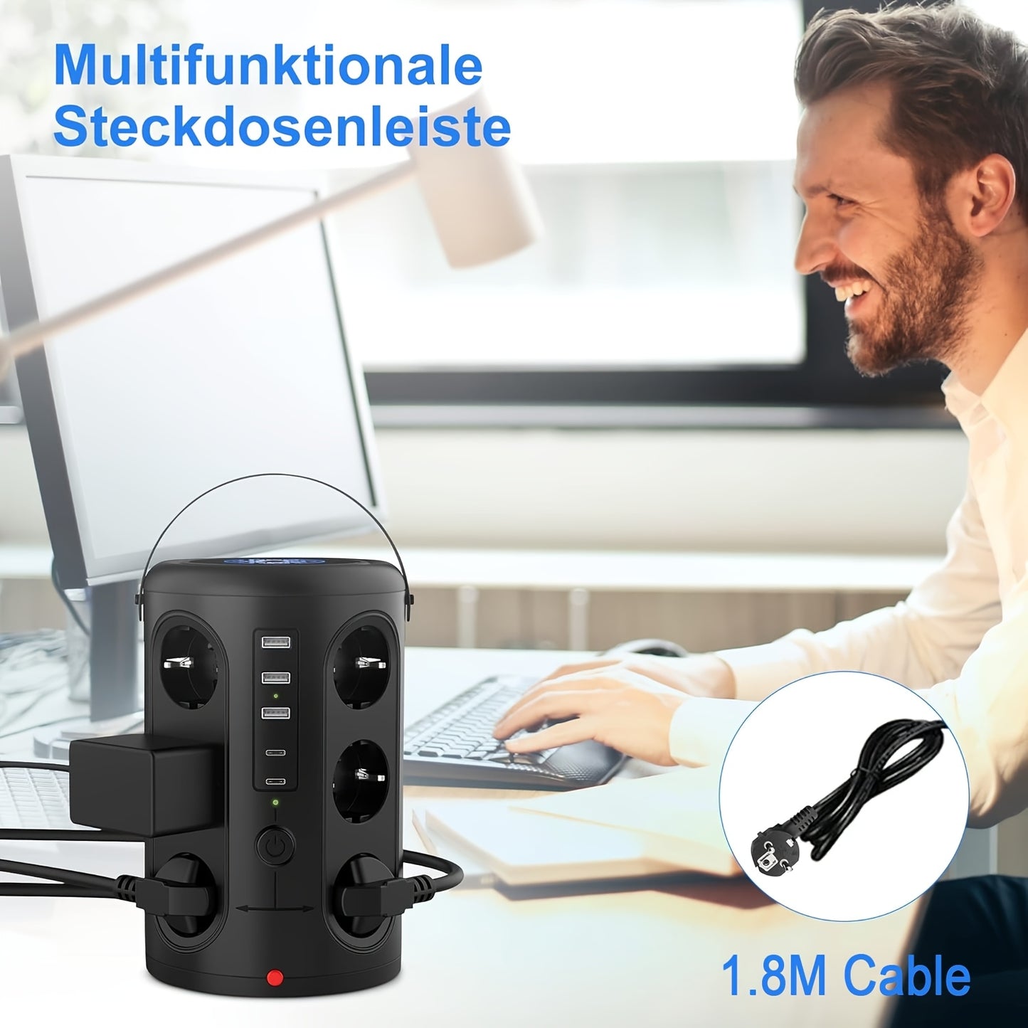 12-Slot Power Strip with 2 USB Fast Charging Ports, 2500W/10A, Voltage Protection, 2.8m Extension Cable, Desktop Tower Design & 2 Main Switches for Home/Office - EU Plug (Black)