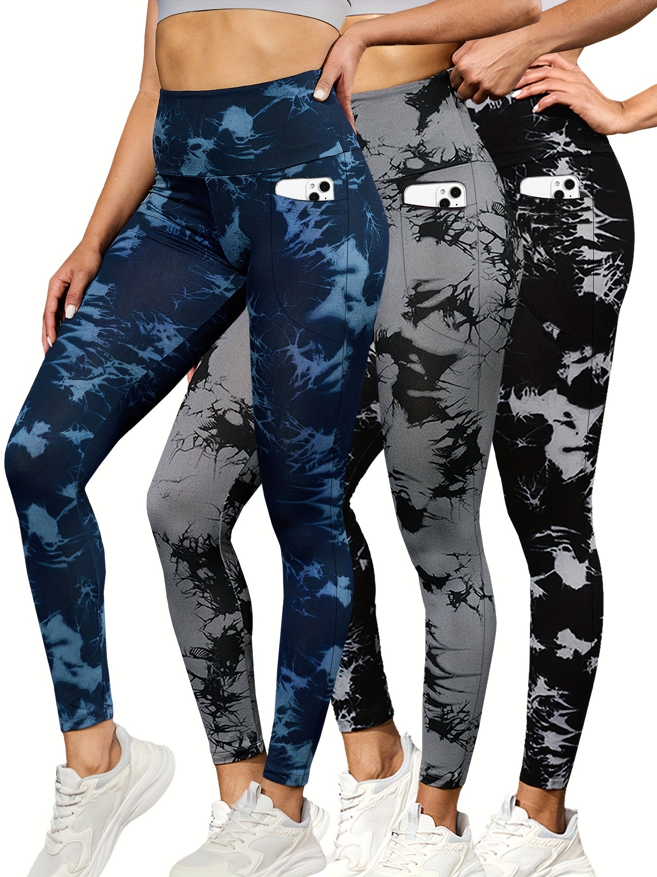 3-Pack Women's High Waisted Yoga Leggings - Non-See Through Tummy Control Workout Pants with Side Pockets, Stretchy All-Season Athletic Leggings in Blue/, Machine Washable for Running, Gym, Casual Attire - Ideal Gift for Wome