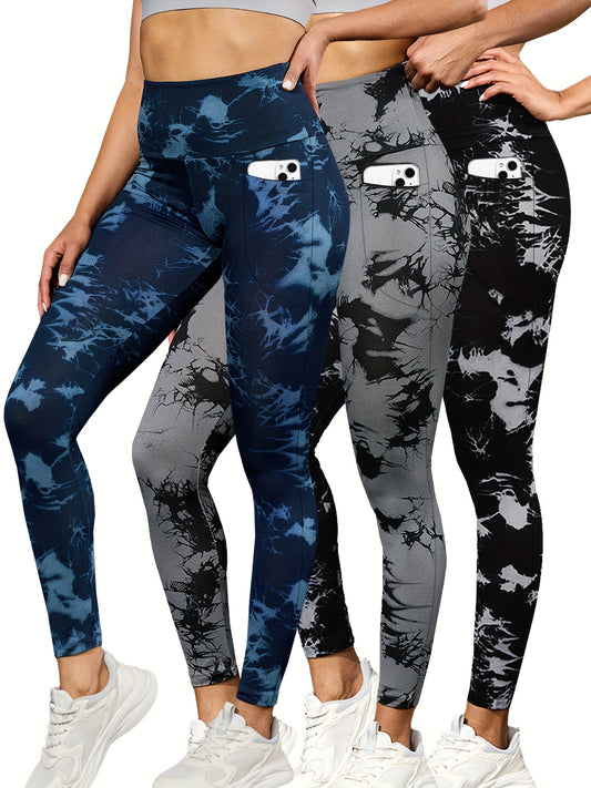 3-Pack Women's High Waisted Yoga Leggings - Non-See Through Tummy Control Workout Pants with Side Pockets, Stretchy All-Season Athletic Leggings in Blue/, Machine Washable for Running, Gym, Casual Attire - Ideal Gift for Wome