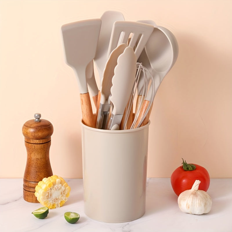 12pcs, Silicone Utensil Set, Khaki Kitchen Utensil Set With Wooden Handle, Safety Cooking Utensils Set, Non-Stick Kitchen Tools Set, Washable Modern Cookware, Kitchen Stuff, Kitchen Gadgets Kitchen Accessories