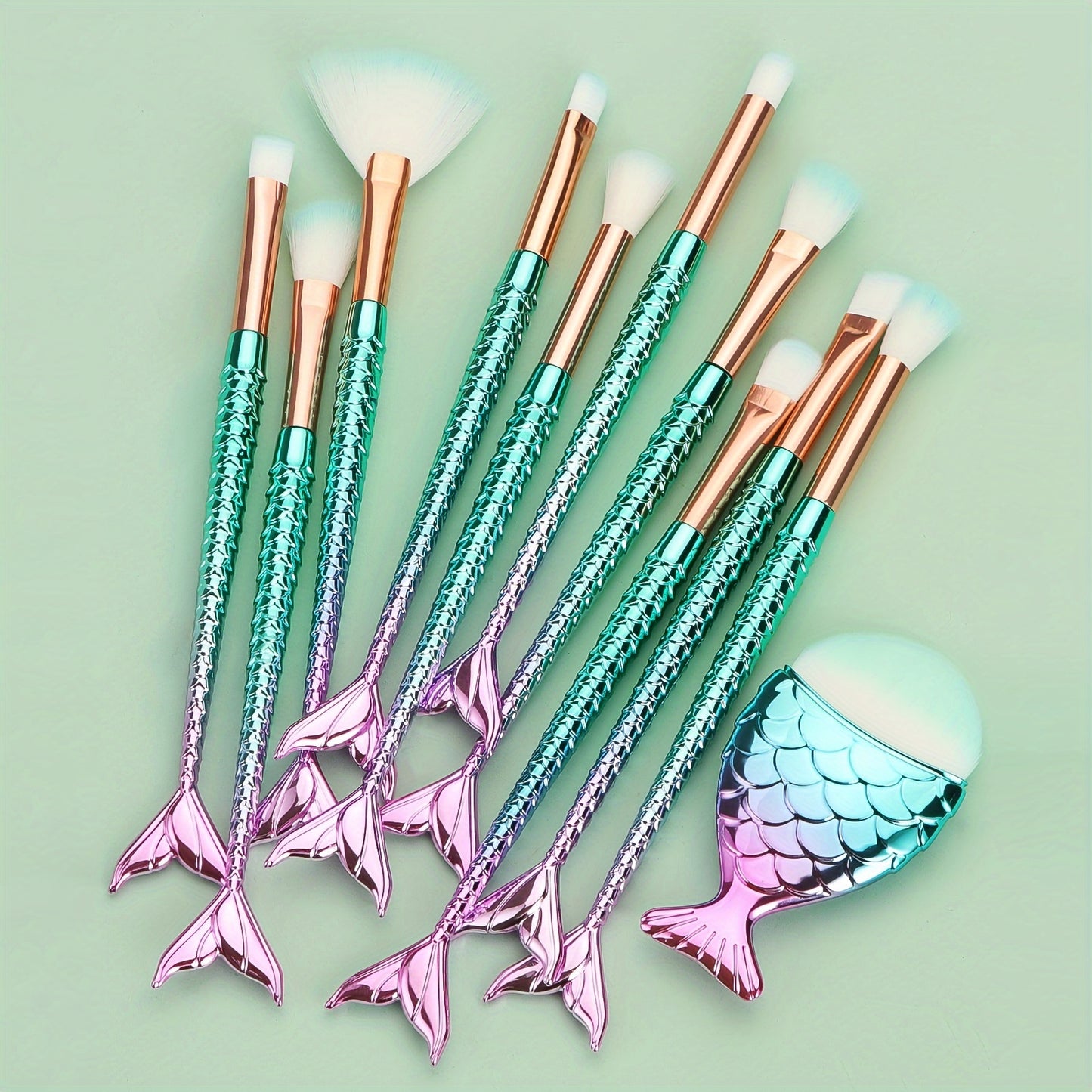 11pcs Mermaid Makeup Brush Set - Fish Tail Design, Nylon Bristles for All Skin Types, Fragrance-Free Beauty Tools