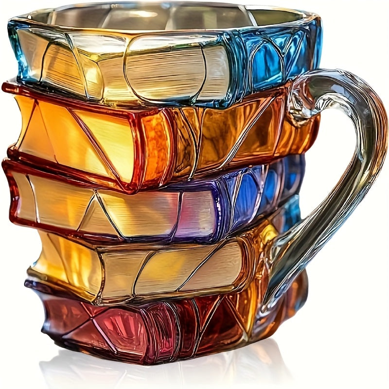 1pc Hand-Painted Book Stack Design Coffee Mug - 7/12oz Stackable Glass Cup with Vibrant Blue, Orange, Red & Yellow Stained Glass Art, Reusable Novelty Gift for Book Lovers, Librarians, Women'S Book Clubs & Literature Enthusia