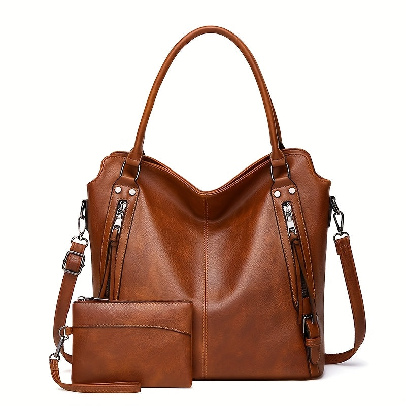 Women'S Large Capacity Tote Bag - Stylish Brown with Golden-Tone Hardware, Zipper Closure & Detachable Strap, Perfect for Work Or Everyday Use, Versatile Carryall | Elegant | Durable, Large Tote Bag