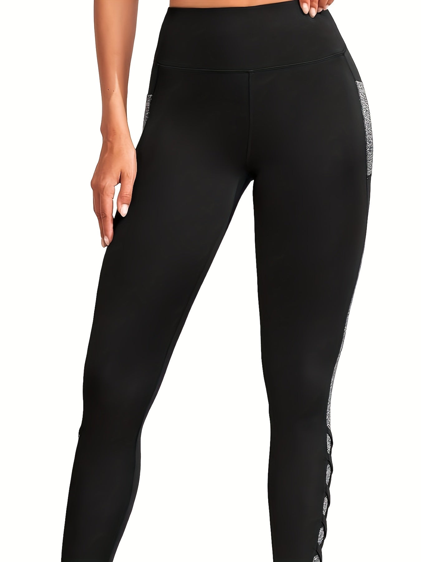 Women'S Plus Size High-Waisted Yoga Leggings with Pockets - Stretchy, Non-Sheer, Color-Block Design, Effect, All-Season Activewear, Casual Wear|Sporty Look|Stretchy Fabric